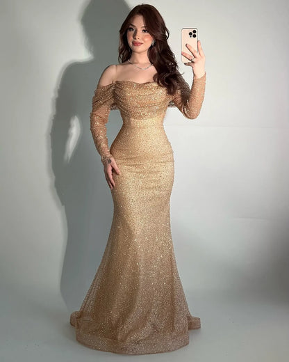 Glamorous Off-The-Shoulder Long Sleeves Beads Mermaid Prom Dress