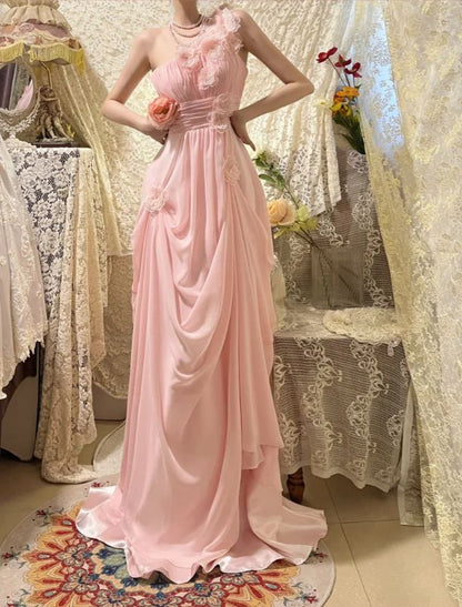 Elegant Pink Off the Shoulder 3D Flower Pleated Chiffon Long Prom Dress SH3932
