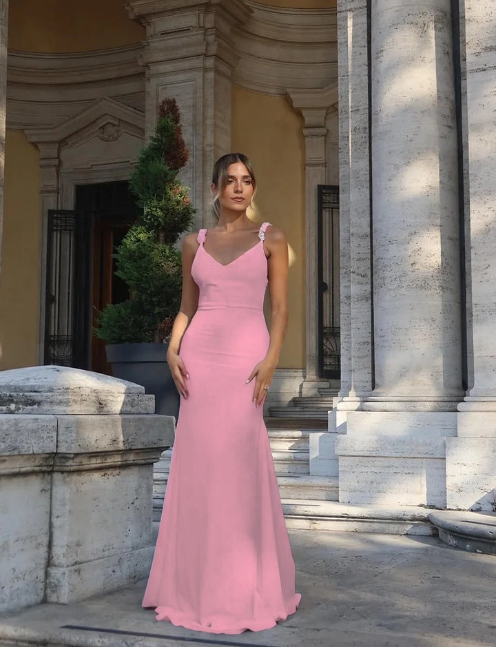 Fitted White Spaghetti-Straps V-Neck Backless Beaded Evening Dress
