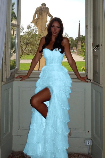 Chic Blue Tulle Sweetheart Beaded Sleeveless Cake Prom Dress with Split