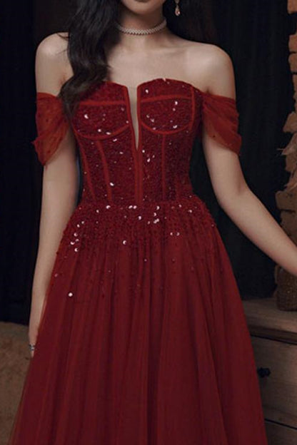 Wine Red Off-The-Shoulder Evening Dress With Sequins Beads