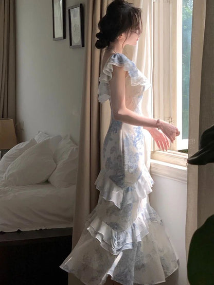 Gentle Mermaid Strap Print Flower Blue Chiffon Party Dress Evening Dress SH2869