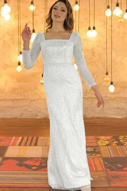 Luxurious Long Sleeves Square Long Evening Dress With Beading
