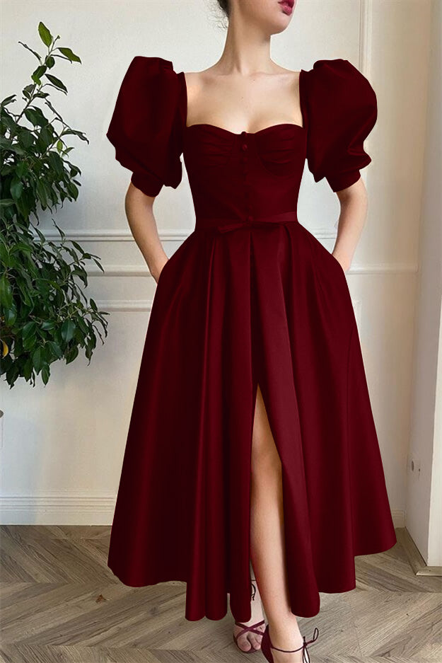 Front Split Short Prom Dress Square With Short Sleeves Wine Red Online