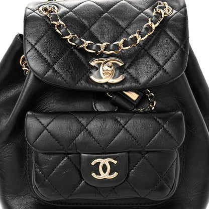 Glazed Aged Calfskin Quilted Small Duma Drawstring Backpack Black