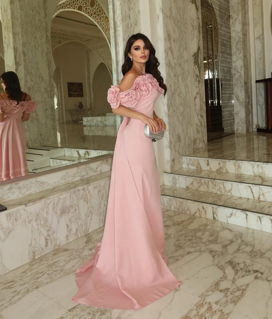 Glamorous Pink Satin Floral Off the Shoulder Prom Dress with Train