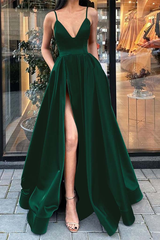 Gorgeous Dark Green Prom Dress Slit With Pockets