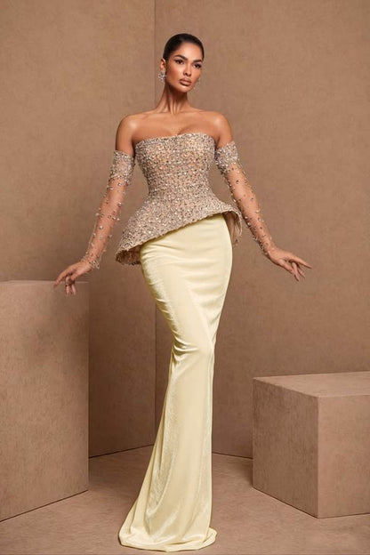 Black Sleeveless Strapless Mermaid Satin Beads Long Prom Dress With Gloves