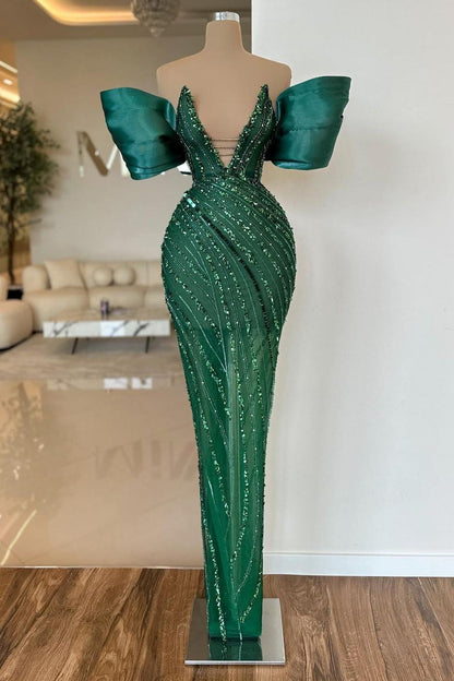Charming Dark Green Sequins Off the Shoulder Strapless Long Prom Dress with Beadings