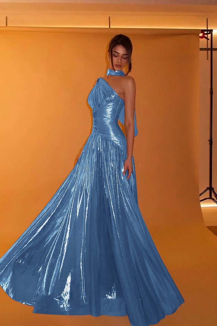 Charming One Shoulder Sleeveless Beaded Pleated Eevening Dress with Scarf