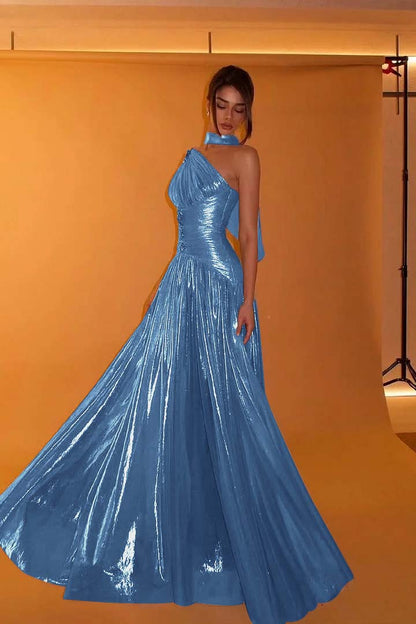 Charming One Shoulder Sleeveless Beaded Pleated Eevening Dress with Scarf