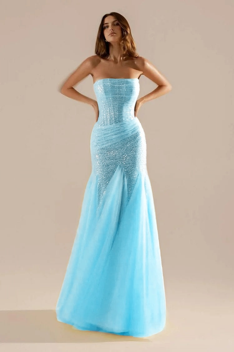 Sleeveless Strapless Square Prom Dress With Sequins