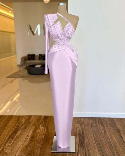 Noble Fuchsia One Shoulder Long Sleeve  Mermaid Evening  Dress With Beads