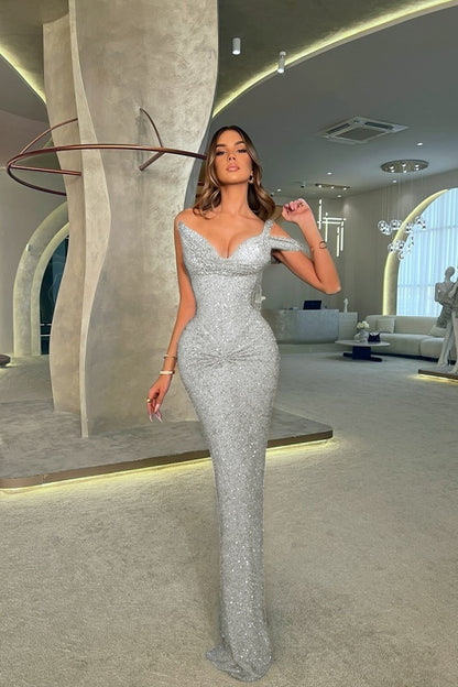 One Shoulder V-Neck Long Mermaid Prom Dress Sleeveless with Sequins