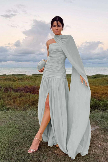 Elegant Daffodil Chiffon Strapless Sleeveless Split Prom Dress with Scarf