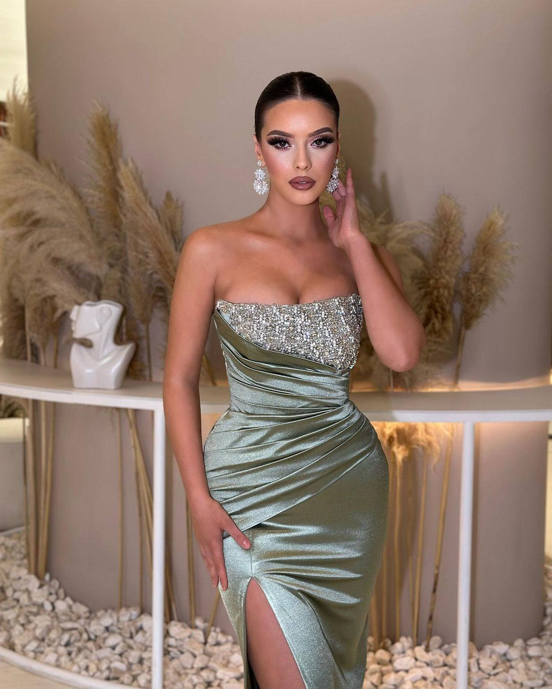Strapless Beading Sleeveless Slit Prom Dress with Ruffle