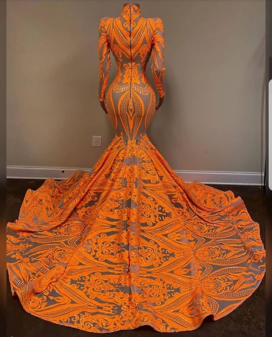 Mermaid Orange Long Sleeves Prom Dress Sequins Lace