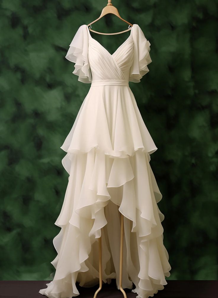 Classic A Line V Neck White Ruffle Chiffon Prom Dress Party Dress SH4356