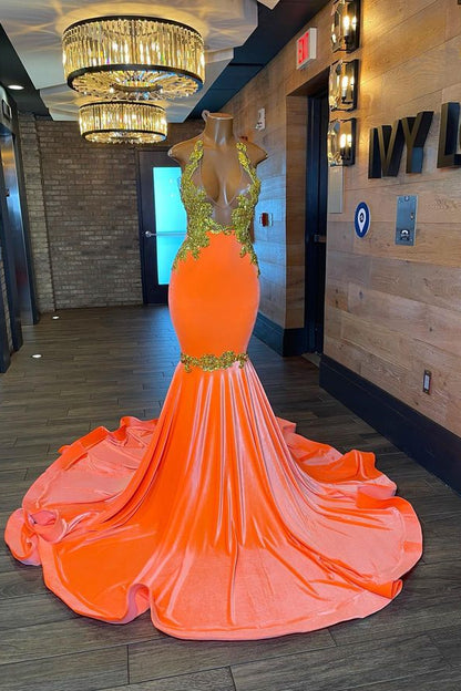 Sleeveless Orange Mermaid Elegant Prom Dress Appliques With Beads