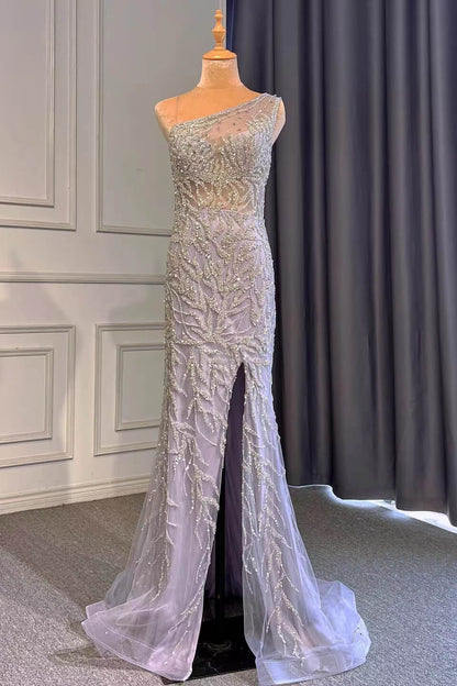 Light Purple Mermaid Beads One Shoulder Prom Dress With Long Ruffles Appliques Front Split