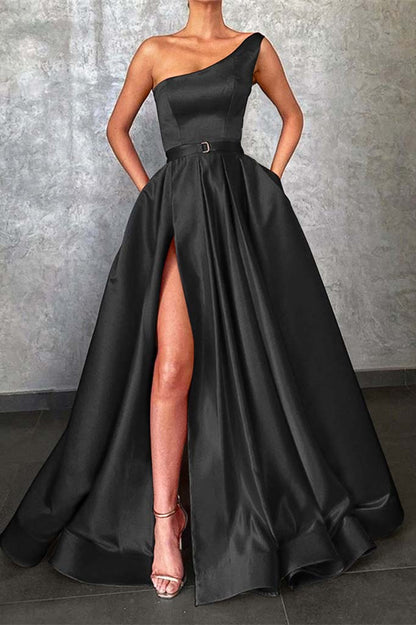 Glamorous One Shoulder Red Prom Dress Slit With Pockets