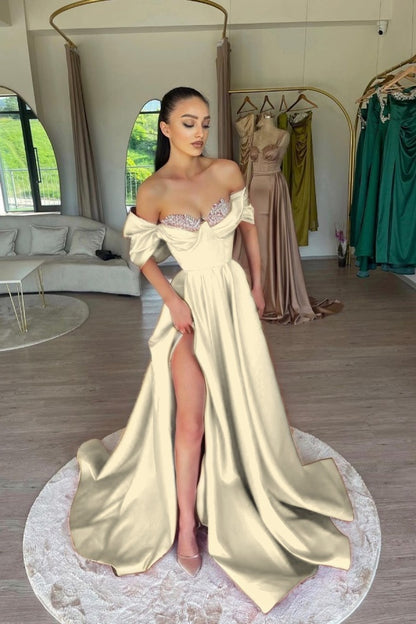 Elegant Fuchsia Off-The-Shoulder Beaded Sweetheart Prom Dress With Split