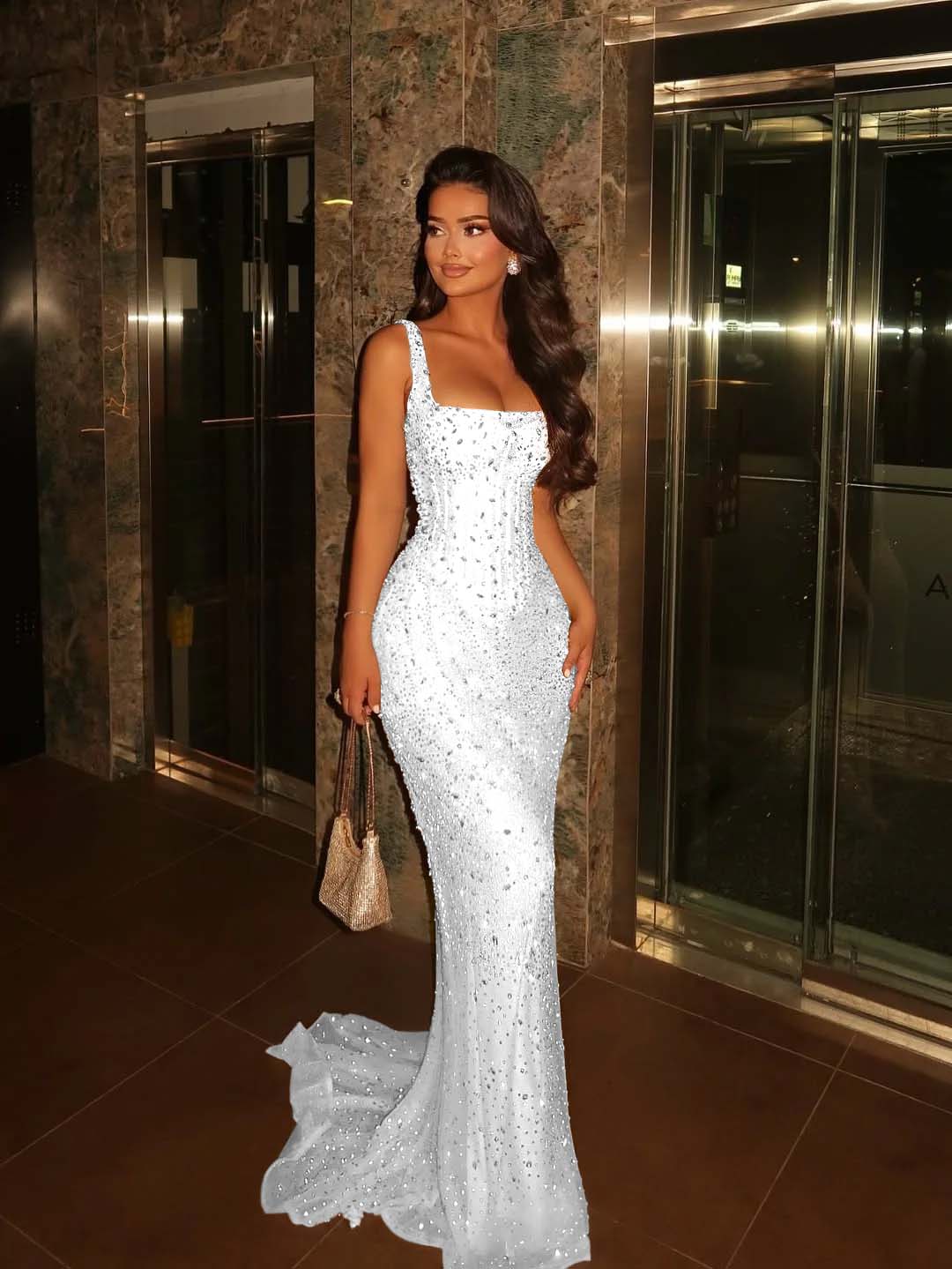 Lavish Square Sleeveless Wide Straps Beaded Mermaid Prom Dress