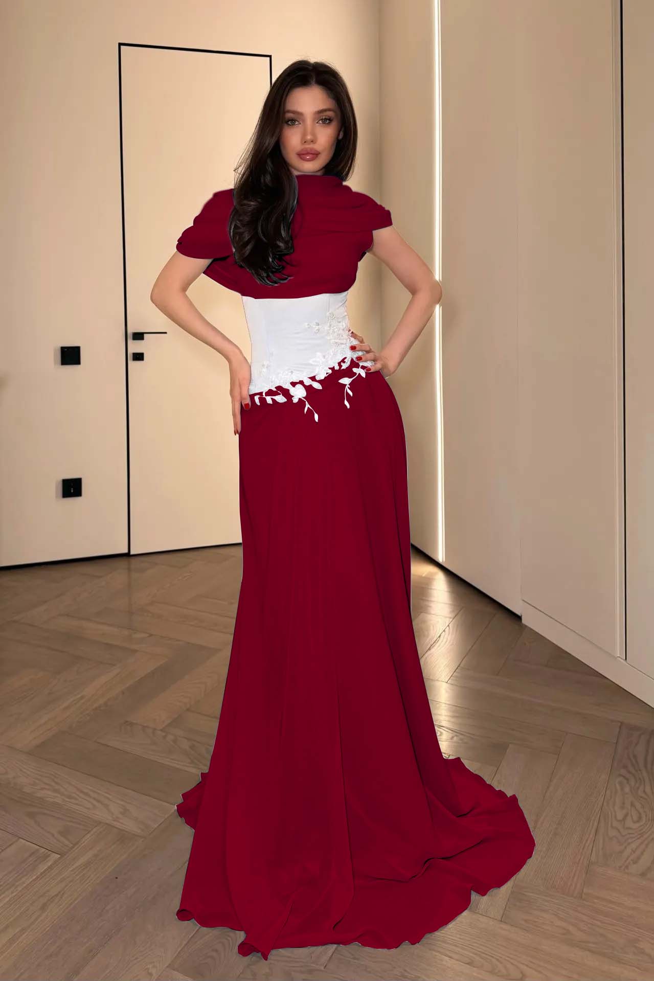 Stunning Chiffon Pleated Embroidery Evening Dress with Draped Shawl Neck
