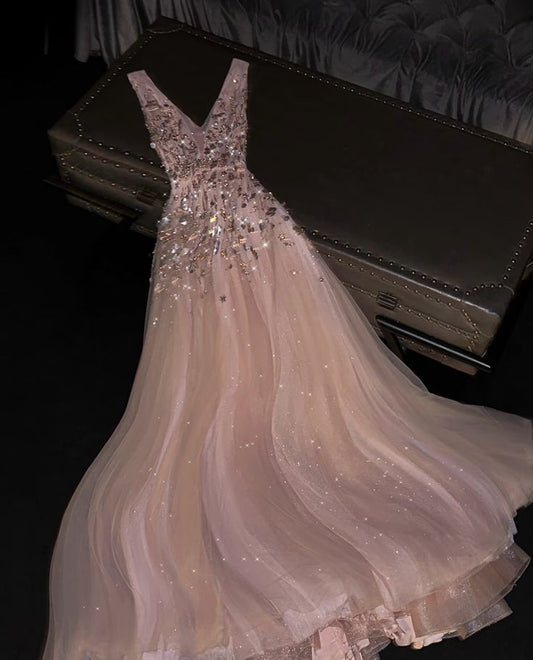 Gentle A Line V Neck Sequin Pink Tulle Long Prom Dress Party Dress SH3416