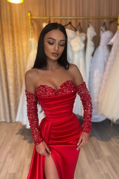 Red Strapless Split Prom Dress Long sleeves with Sequins