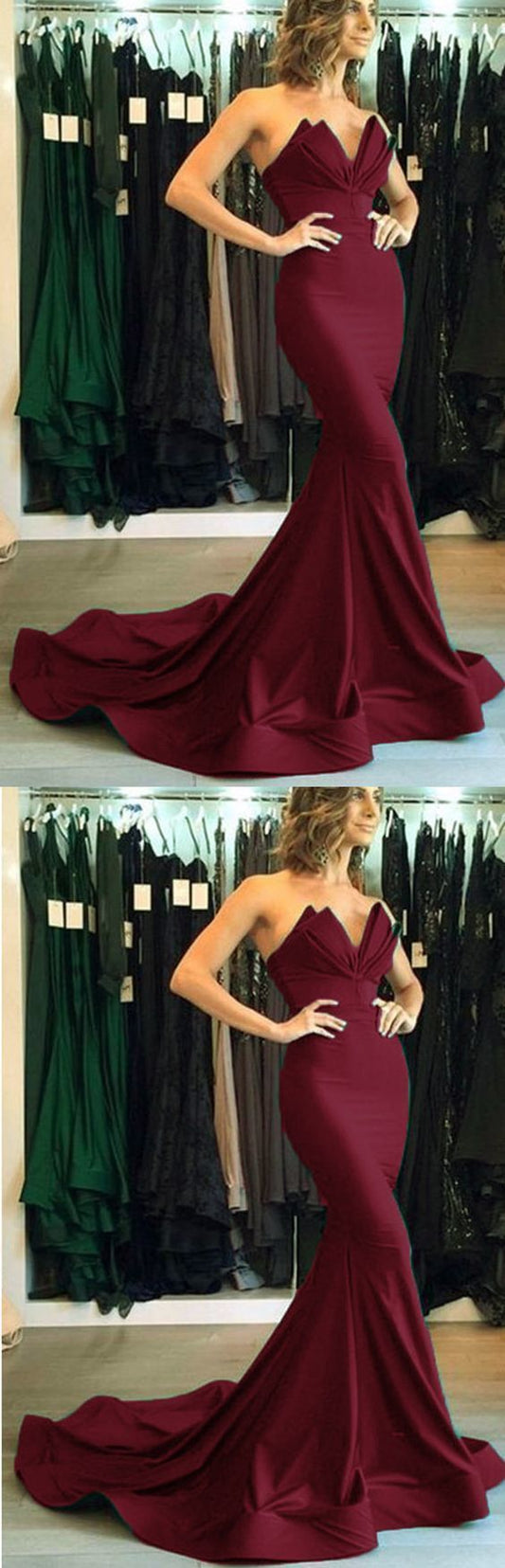 Elegant Strapless Burgundy Prom Dresses Mermaid Evening Dresses Long Women Satin Formal Gowns cg6456