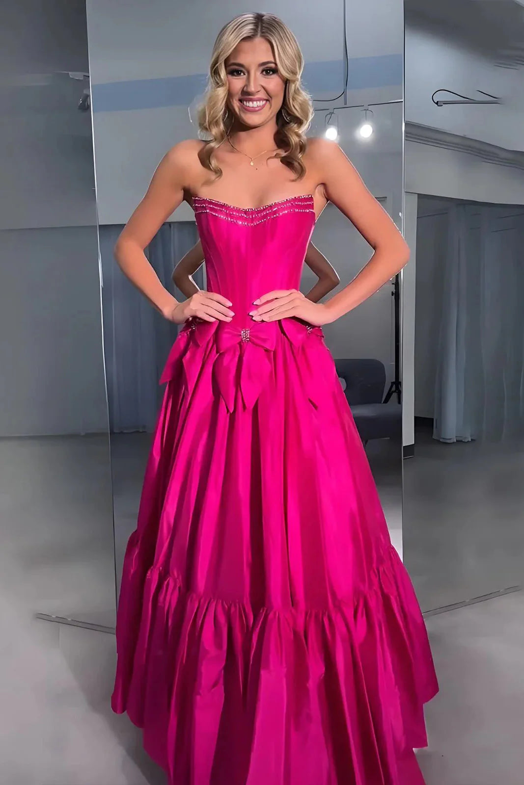 Satin A-Line Strapless Empire With Bows Prom Dress