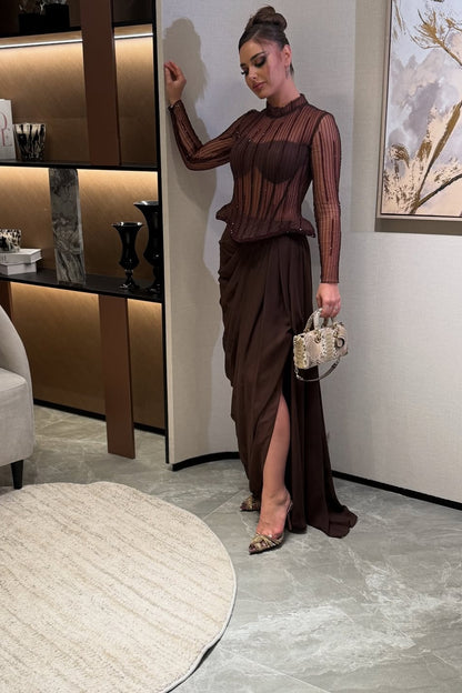 Exquisite Long Sleeves Beaded Mermaid Pleated Prom Dress With Slit