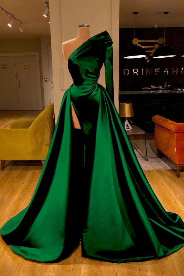 One Shoulder Slit Long Sleeves Prom Dress Overskirt