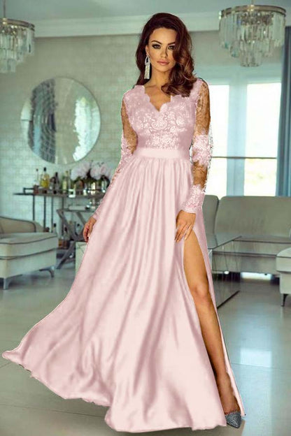 V-Neck Long Sleeve Lace Prom Dress With Slit
