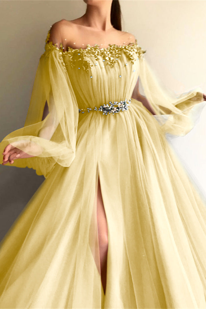 Chic Off-the-Shoulder Long Sleeves Elegant Evening Dresses With Beads