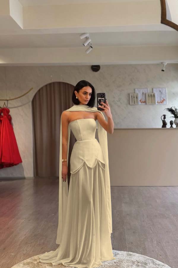 Glamorous White Satin Sleeveless Strapless Long Pleated Prom Dress with Beadings