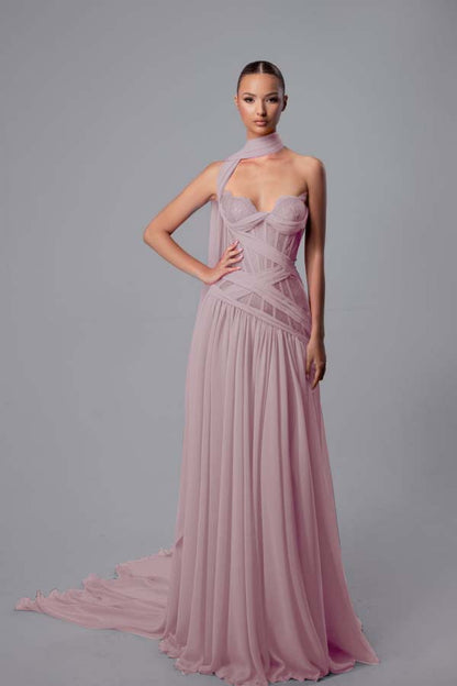 Stunning Fuchsia Chiffon Sleeveless Sweetheart Lace Prom Dress with Scarf