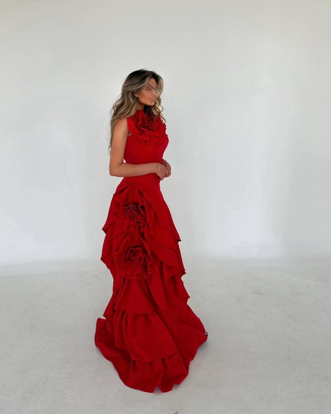 Red Stunning Sleeveless Mermaid Ruffles Evening Dress With Flower