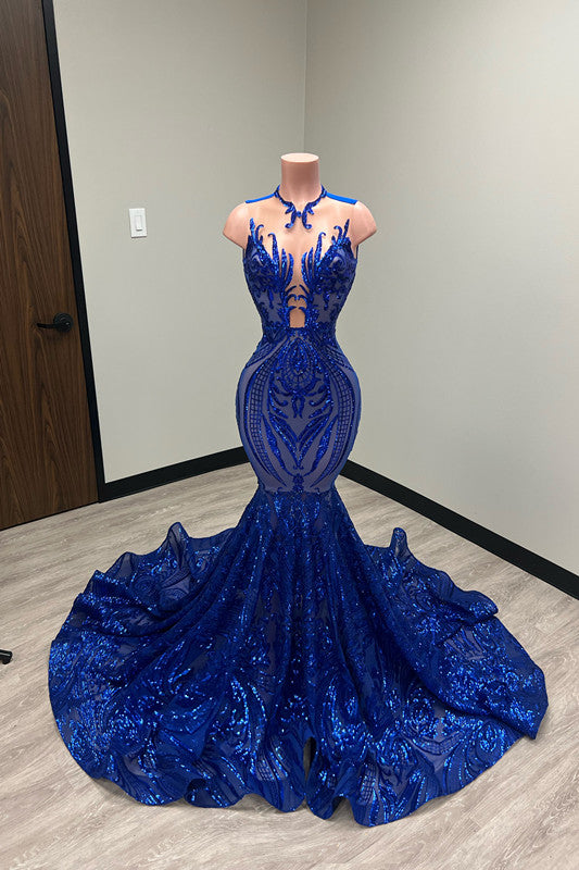 Laser Light Crew Neck Mermaid Prom Dress Sleeveless Court