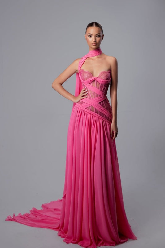 Stunning Fuchsia Chiffon Sleeveless Sweetheart Lace Prom Dress with Scarf