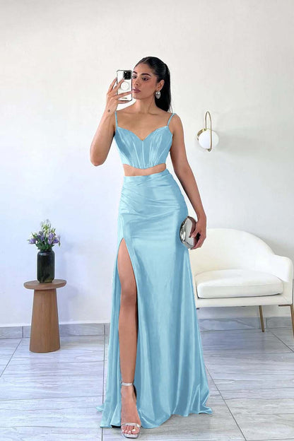 Simple Dark Green Satin Spaghetti Strap Sleeveless Long Prom Dress with Split
