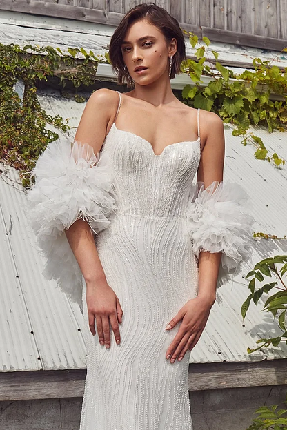 White Sleeveless Spaghetti Straps V-Neck Beads Prom Dress