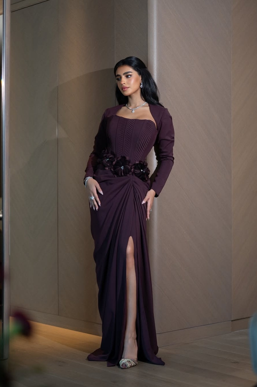 Sophisticated Long Sleeves Long Prom Dress With Handmade Flower