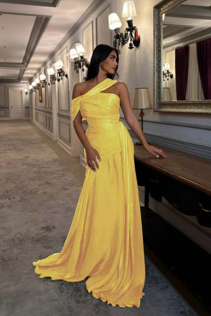 Sleeveless Square One Shoulder Prom Dress With Pleated