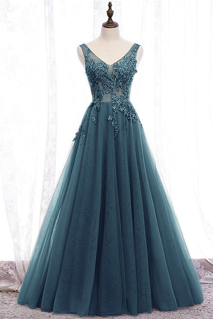 Purple Applique Long A-line Prom Dress With V-Neck Open Back