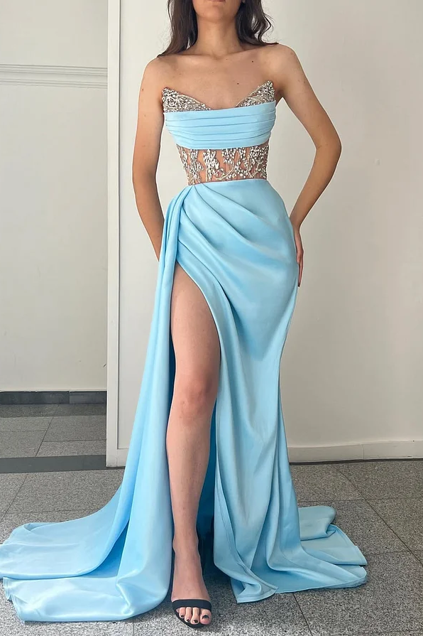 Baby Blue Sleeveless Strapless Mermaid Beads Prom Dress