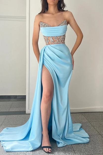 Baby Blue Sleeveless Strapless Mermaid Beads Prom Dress