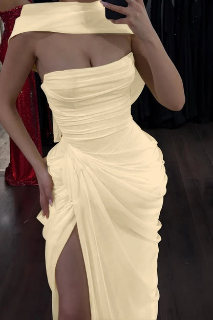 Elegant Yellow Sleeveless Strapless Split Long Evening Dress With Scarf