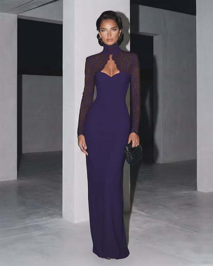 Classic Black High Neck Lace Long Sleeves Maxi Evening Dress